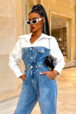 Salopeta din denim Phares, din doua texturi si talie evidentiata, Albastru/Alb - imagine 2