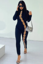 Salopeta lycra contractoare Randy, cu maneca tip manusa si accesorii metalice pe toata linia croielii, Negru - imagine 2