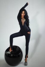 Salopeta modelatoare Best, cu maneca lunga, decolteu plasa cu cristale aplicate si slit la baza piciorului, Negru