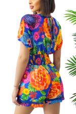 Salopeta scurta Yonela, cu imprimeu floral si detalii brodate, Albastru - imagine 2