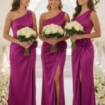 Set 3x Rochie satinata de seara, JoeLLe, cu detaliu floral, Mov, Marime S/M