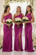Set 5x Rochie satinata de seara, JoeLLe, cu detaliu floral, Mov, Marime S/M
