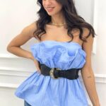 Top crop-top Rouche, cu aspect plisat si curea inclusa, Bleu, Marime S/M