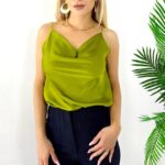 Top din satin Consuelo, cu bretele spaghetti, Verde olive, Marime S/M