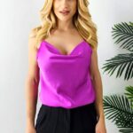 Top din satin Consuelo, cu bretele subtiri si lungime medie, Magenta, Marime S/M