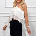 Top elegant asimetric Yuna, cu volane oversize petrecute, Alb, Marime S/M