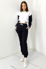 Trening bumbac vatuit College, bluza scurta cu fermoar si pantaloni, Negru