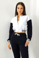 Trening bumbac vatuit College, bluza scurta cu fermoar si pantaloni, Negru - imagine 2
