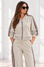 Trening dama CORINA, cu guler inalt si fermoar, Crem, Marime S/M/L - imagine 2