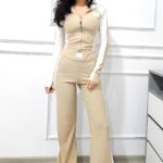 Trening dama KAREN, print cu dungi, bluza cu gluga si pantaloni largi, Crem
