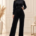Trening velur Peyton, cu hanorac si pantaloni lejeri, Negru