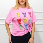 Tricou bumbac AMOO, cu imprimeu multicolor si cristale artizanale, Rainbow Bears, ROZ