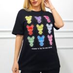 Tricou bumbac AMOO, cu imprimeu multicolor si cristale artizanale, Rainbow Bears, Negru