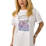 Tricou bumbac NOREA, cu imprimeu fashion si cristale, PURSE Alb, Marime S/M