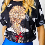 Tricou bumbac Swing, cu imprimeu grafic si rejansa elastica in talie, Negru