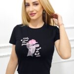 Tricou crop motivational AMOO, cu imprimeu floral si tull, Negru