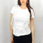 Tricou dama Abe, cu rejansa din dantela si textura striata, Alb, Marime universala S/M