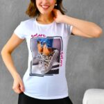 Tricou dama Graphic Story, cu imprimeu realist si paiete stralucitoare, Amore