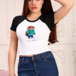 Tricou dama Let's Party, cu imprimeu "ursulet", Alb-Negru