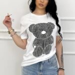 Tricou de dama din bumbac, Lumibear cu pietre si imprimeu, Alb