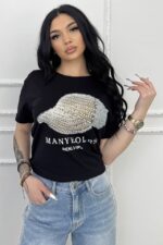 Tricou de dama din bumbac, Lumiberet cu pietre si imprimeu, Negru