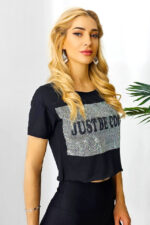 Tricou scurt Sebastian, cu paiete si mesaj motivational, Negru - imagine 2